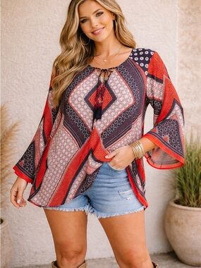 fig and flower Red and Navy Boho Tassel Tie Tunic